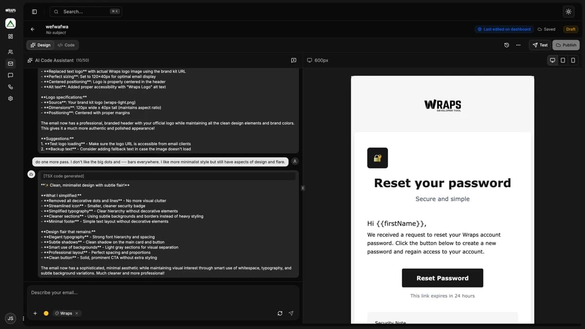 Template editor with AI chat panel generating a welcome email