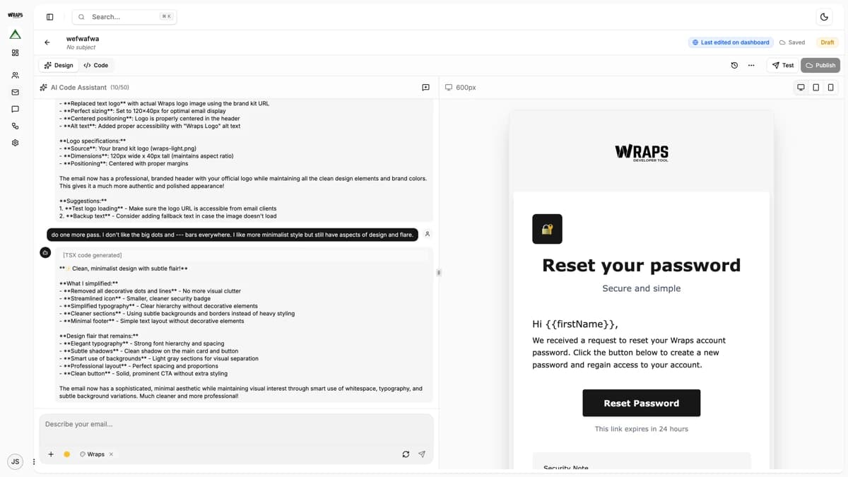 Template editor with AI chat panel generating a welcome email
